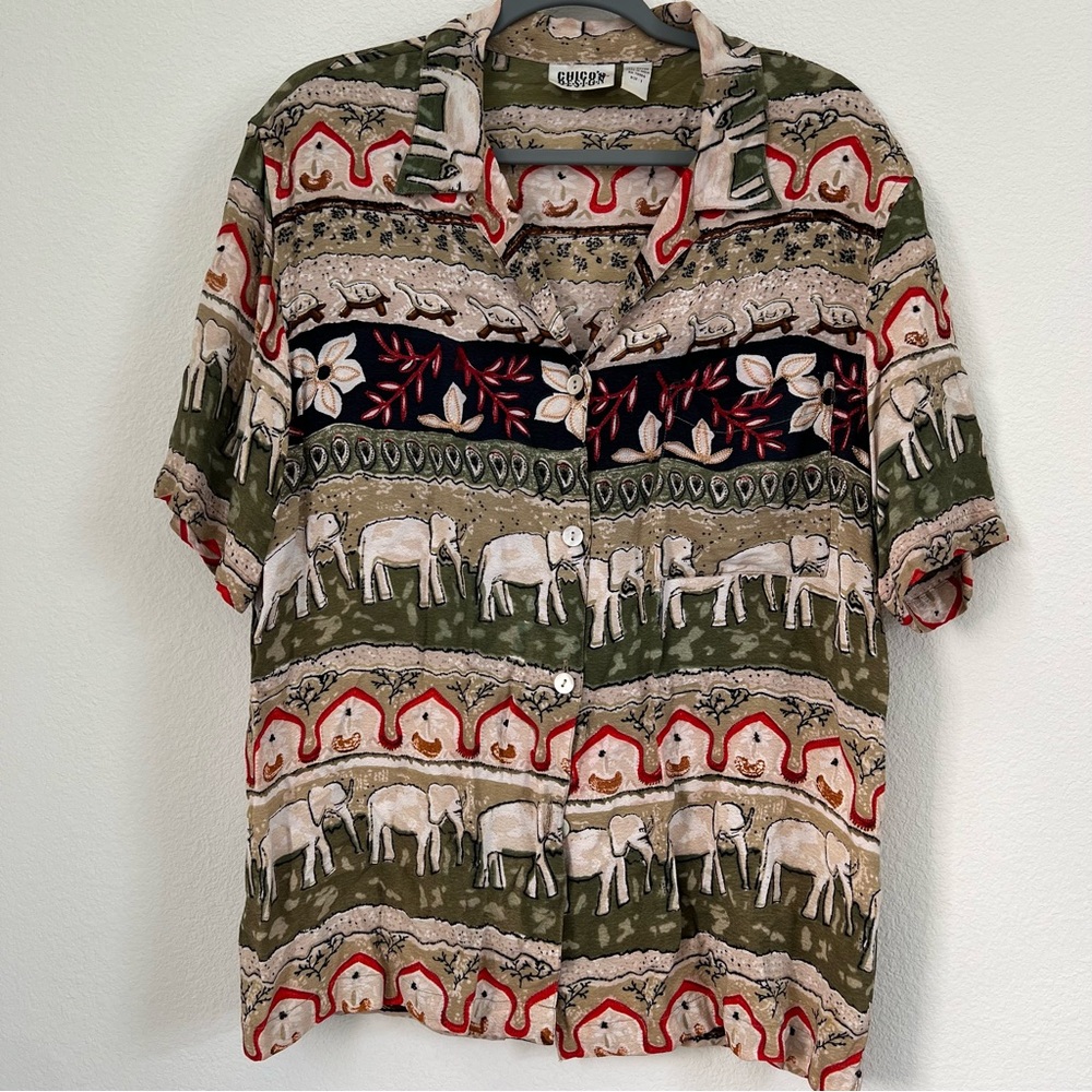 VTG Chicos Design‎ Embroidered Beaded Safari Button Up Top Size M Elephant artsy